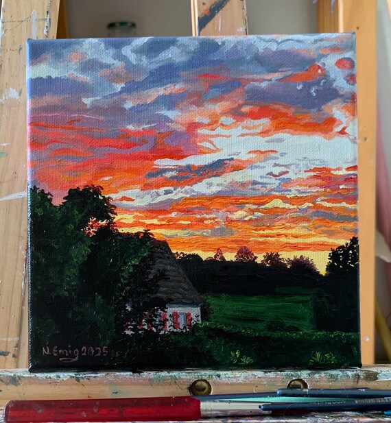 Original painting of a landscape in Brittany, France, oil on canvas, 20 cm x 20 cm, sunset