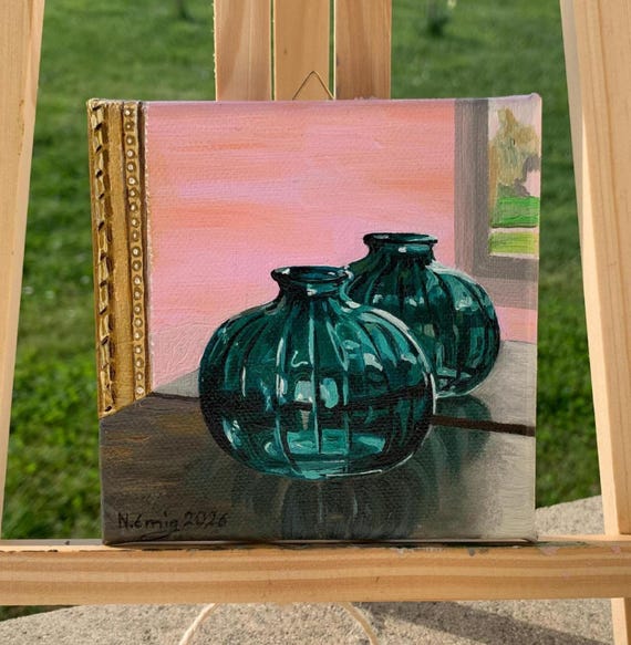 Original painting, still life, vase before a mirror, oil on canvas, 12 cm x 12 cm