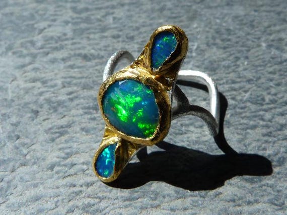 Silver and 24 k finegold ring,ethiopian opal,2 opal doublets: IMPORTANT,French vat is included,20% off for US,australian and canadian buyers