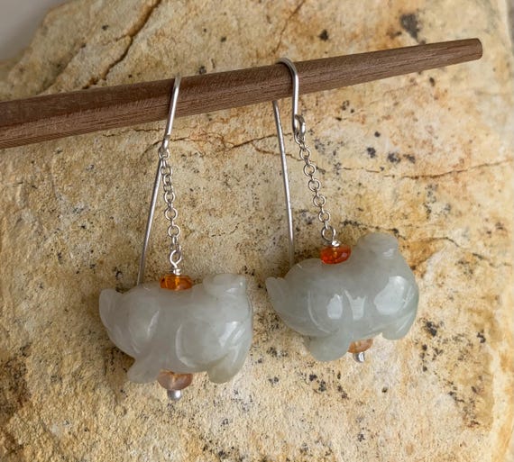 Silver earrings,chinese zodiac,pigs,fire opal,jade,jadeite: Important, French vat is included,20% off for US, australian and canadian buyers