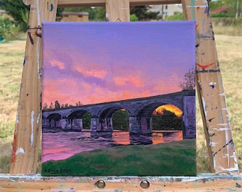 Original painting of bridge in Dordogne, France, oil on canvas, 20 cm x 20 cm, sunrise