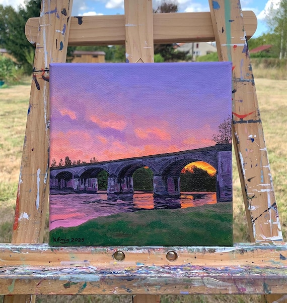 Original painting of bridge in Dordogne, France, oil on canvas, 20 cm x 20 cm, sunrise
