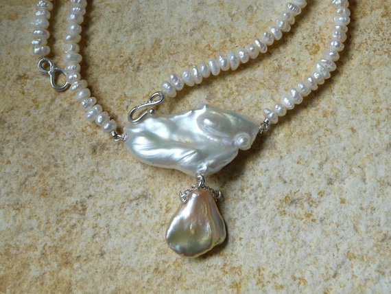 Sterling silver necklace, 2 baroque pearls, freshwater pearls;IMPORTANT,French vat is included,20% off for US,australian and canadian buyers