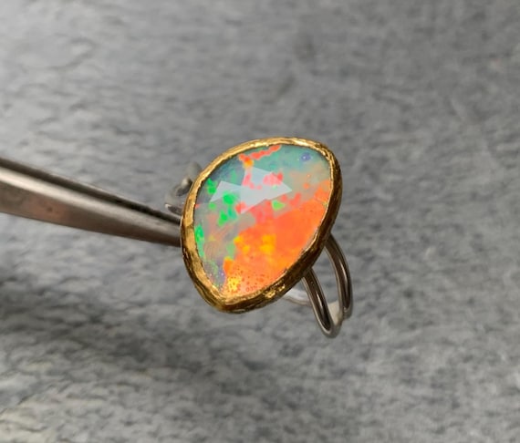 Reserved, Silver, 24 k gold ring, ethiopian opal :Important; French vat is included, 20% off for US, australian and canadian buyers