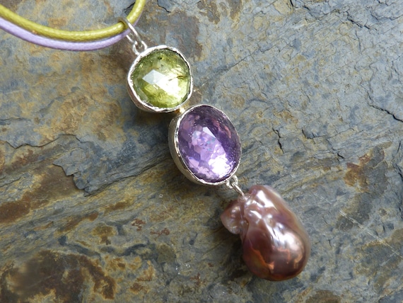 Silver pendant with amethyst, tourmaline, baroque pearl: IMPORTANT,French vat is included, 20% off for US,UK and canadian buyers