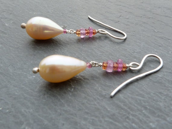 Silver earrings, rose, orange sapphires,freshwater pearls: IMPORTANT, French vat is included, 20% off for US, australian and canadian buyers
