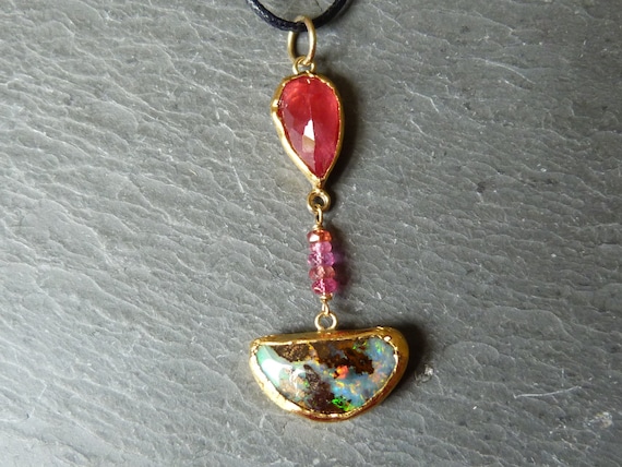 18/24 kt gold/silver pendant,rhodonit,spinel,sapphire,boulder opal: IMPORTANT,French vat included,20% off for US,australian,canadian buyers