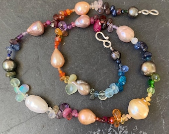 Necklace, silver, baroque, gold and Tahiti pearls,precious stones:French vat is included,20% off for US,australian,canadian buyers