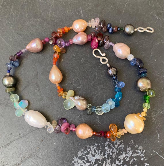 Necklace, silver, baroque, gold and Tahiti pearls,precious stones:French vat is included,20% off for US,australian,canadian buyers