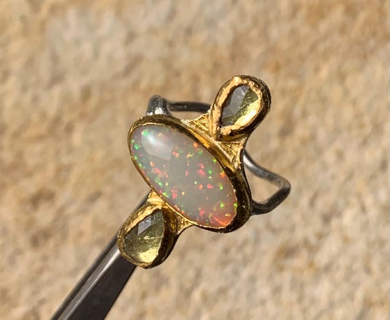 Silver and 24 k finegold ring,1 ethiopian opal,2 tourmalines:IMPORTANT,French vat is included,20% off for US, australian and canadian buyers