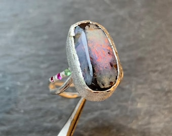 Silver ring, 1 australian boulder opal, precious stones: IMPORTANT, French vat is included, 20% off for US, australian and canadian buyers