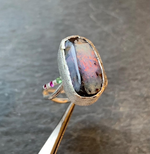 Silver ring, 1 australian boulder opal, precious stones: IMPORTANT, French vat is included, 20% off for US, australian and canadian buyers