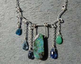 Collana/pendente in argento 925 con 1 opale boulder, cianiti, apatite, opale andino verde, zircone