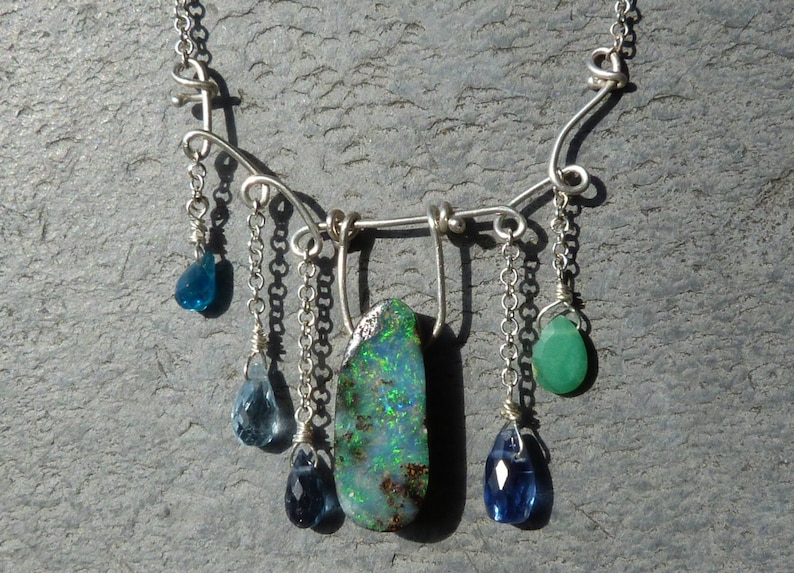 Collana/pendente in argento 925 con 1 opale boulder, cianiti, apatite, opale andino verde, zircone immagine 1