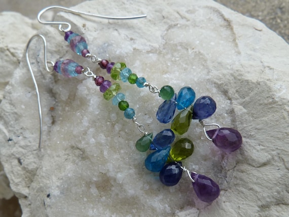 Long silver earrings with amethysts,sappires,apatites,cyanites: IMPORTANT,French vat is included, 20% off for US, australian,canadian buyers