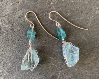Silver earrings, rough apatites and rough aquamarines; IMPORTANT: French vat is included, 20% off for US,australian + canadian buyers