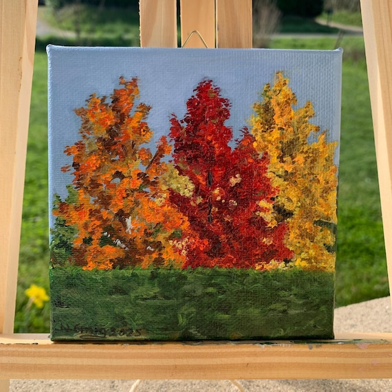 Original painting, nature, autumn trees, oil on canvas, 12 cm x 12 cm