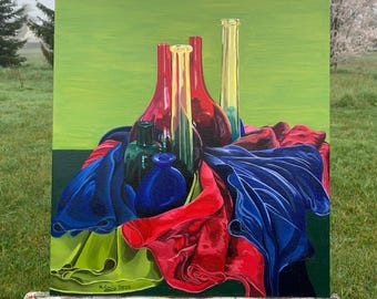 Original painting, still life, vases and silk fabrics, oil on canvas, 55 cm x 46 cm