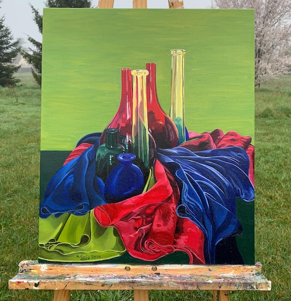 Original painting, still life, vases and silk fabrics, oil on canvas, 55 cm x 46 cm