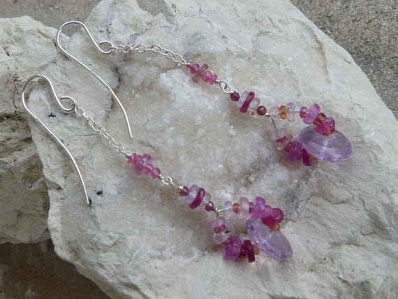 Very long silver earrings, garnets, amethysts, sapphires:IMPORTANT,French vat is included,20% off for US, UK, australian and canadian buyers