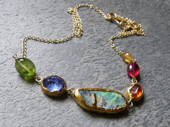 Necklace, solid 18 and 24 k gold, silver, boulderopal, precious stones: IMPORTANT, French vat is included,20% off for US and canadian buyers