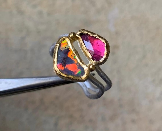 24 k gold ring, silver, 1 boulder opal, 1 tourmaline: IMPORTANT, French vat is included, 20% off for US, australian and canadian buyers