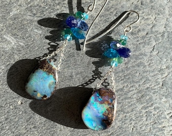 Reserved,Earrings, silver,sapphires,cyanites,apatites,boulder opals: IMPORTANT, French vat is included, 20% off for US and canadian buyers