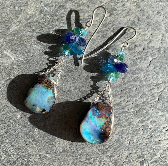 Earrings, silver,sapphires,cyanites,apatites,boulder opals: IMPORTANT, French vat is included, 20% off for australian,US and canadian buyers