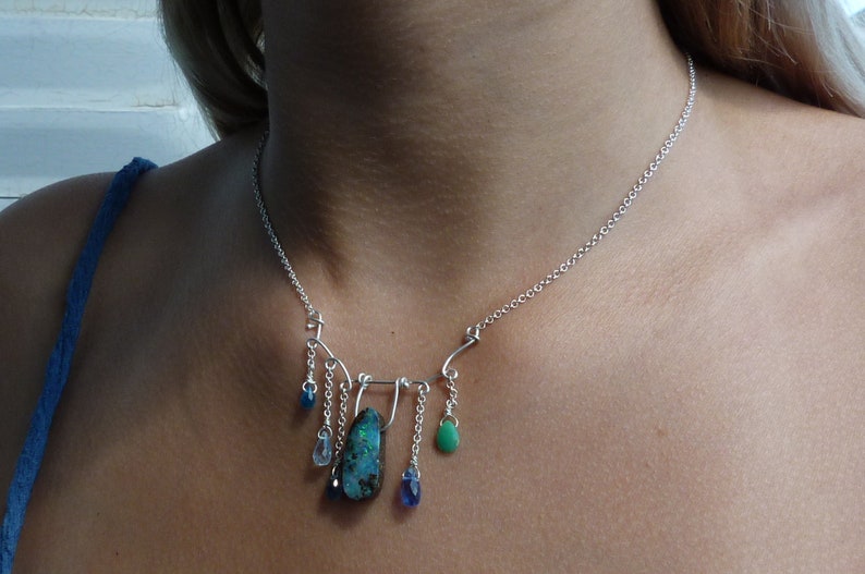 Collana/pendente in argento 925 con 1 opale boulder, cianiti, apatite, opale andino verde, zircone immagine 4