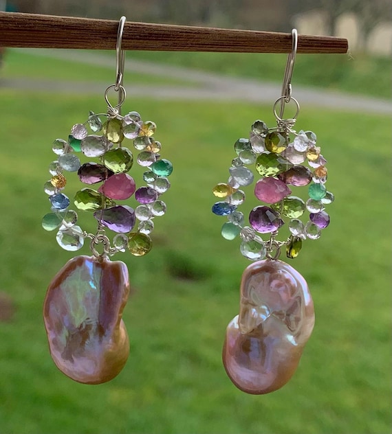 Earrings, silver, precious stones, baroque pearls: IMPORTANT, French vat is included, 20% off for US, austr., canadian buyers