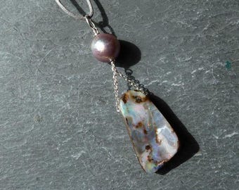 Silver pendant, 1 boulder opal, 1 freshwater pearl:  IMPORTANT, French vat is included, 20% off for US, australian and canadian buyers