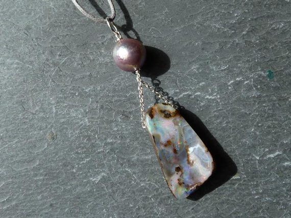 Silver pendant, 1 boulder opal, 1 freshwater pearl:  IMPORTANT, French vat is included, 20% off for US, australian and canadian buyers