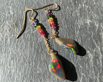 Earrings,18 k gold, silver,ethiopian opals,sapphires,chrom diopsides:IMPORTANT,French vat is included,20% off for US,canadian buyers