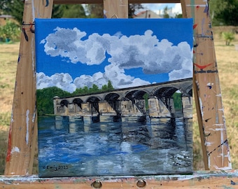 Original painting of a landscape in Dordogne, France, oil on canvas, 20 cm x 20 cm, bridge