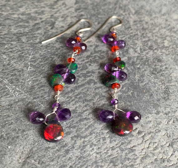 Silver earrings with ethiopian opals,fire opals,amethysts: IMPORTANT, French vat is included, 20% off for US, australian and canadian buyers