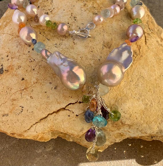 Silver necklace with baroque pearls, freshwater pearls, prescious stones