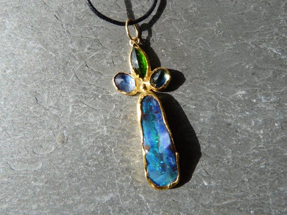 Reserved,Silver, 18 k and 24 k gold pendant,precious stones,opal:IMPORTANT,French vat is included,20% off for US, australian,canadian buyers