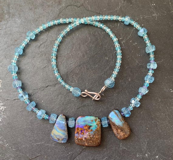 Silver necklace/pendant,boulder opals,aqua marins,apatits,ioliths:Important,french vat is included,20% off for US,australian,canadian buyers