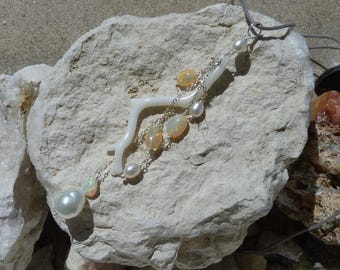 Silver pendant, white coral, fresh water pearl, ethiopian opals; IMPORTANT,French vat is included,20% off for US,australian, canadian buyers