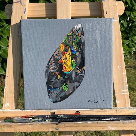 Original painting with an Australian boulder opal as subject, oil on canvas, 20 cm x 20 cm