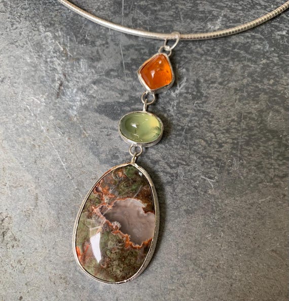 Silver necklace, spessartite, prehnit, agate: IMPORTANT, French vat is included,20% off for US, australian and canadian buyers