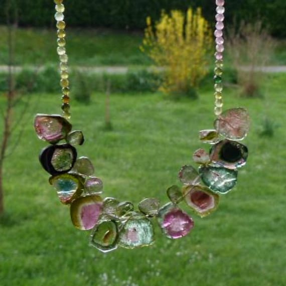 Silver necklace, watermelon tourmalines, tourmalines: IMPORTANT,French vat is included, 20% off for US, australian, canadian buyers