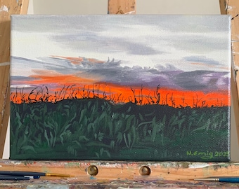 Original painting of a landscape in Dordogne, France, oil on canvas, 20 cm x 20 cm, sunset