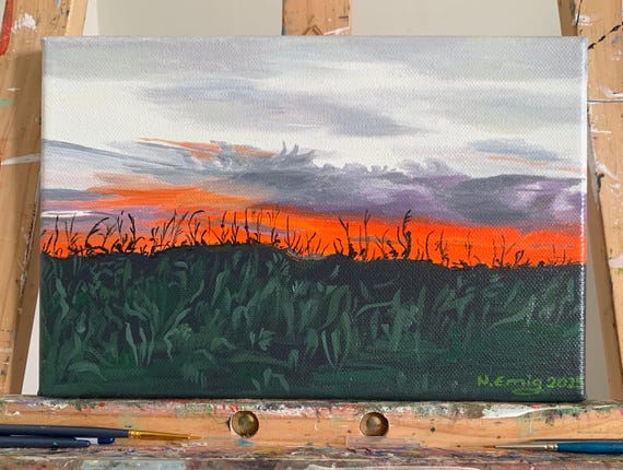 Original painting of a landscape in Dordogne, France, oil on canvas, 20 cm x 20 cm, sunset