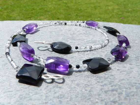 Silver necklace, amethysts, schorl quartz, black quartz: IMPORTANT, French vat is included, 20% off for US, australian and canadian buyers
