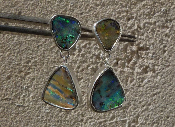 Earrings, silver, 4 australian boulder opals: IMPORTANT, French vat is included,20% off for US,UK, australian and canadian buyers