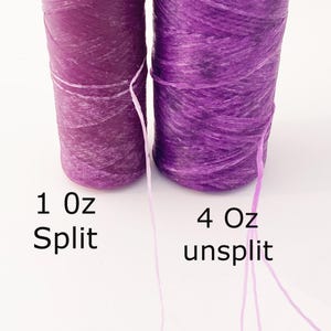May include: Two spools of purple waxed thread. The spool on the left is 1 oz split and the spool on the right is 4 oz unsplit.