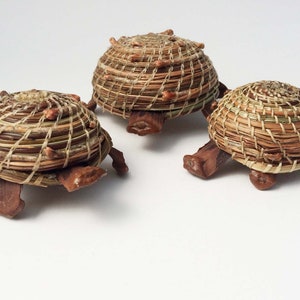 May include: Three small woven turtle-shaped baskets with brown and green accents. The baskets are made of natural materials and have a rustic, handcrafted look.