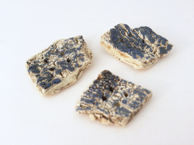 Lot of 3 Large Crude Ceramic Buttons Rustic Primitive Pottery Asymmetrical Angular
