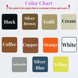 May include: Color chart displaying various paint colors, including black, silver brown, gold, cream, coffee, copper, orange, white, anthracite, silver blue, and yellow. Text indicates the paint is heat and water resistant.